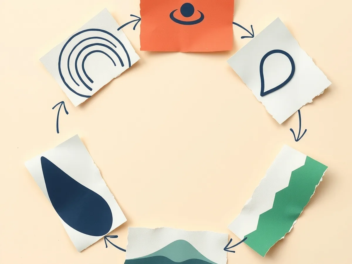 Abstract paper icon cycle ring with navy arrows, representing the robot vacuum SLAM navigation loop