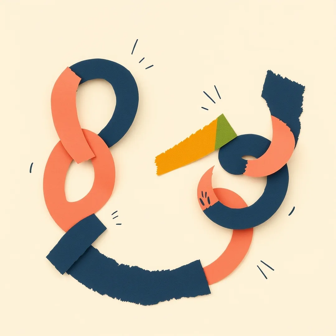 Three torn paper suggestion tiles in coral, off-white, and mustard inside a paper bar outline — representing phone autocomplete concept for teaching how AI predicts text to middle school students