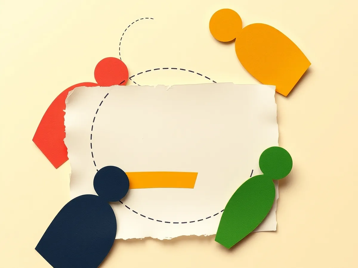 Four abstract paper silhouettes grouped around a central torn paper rectangle on cream — representing student small-group investigation activity in a generative AI lesson