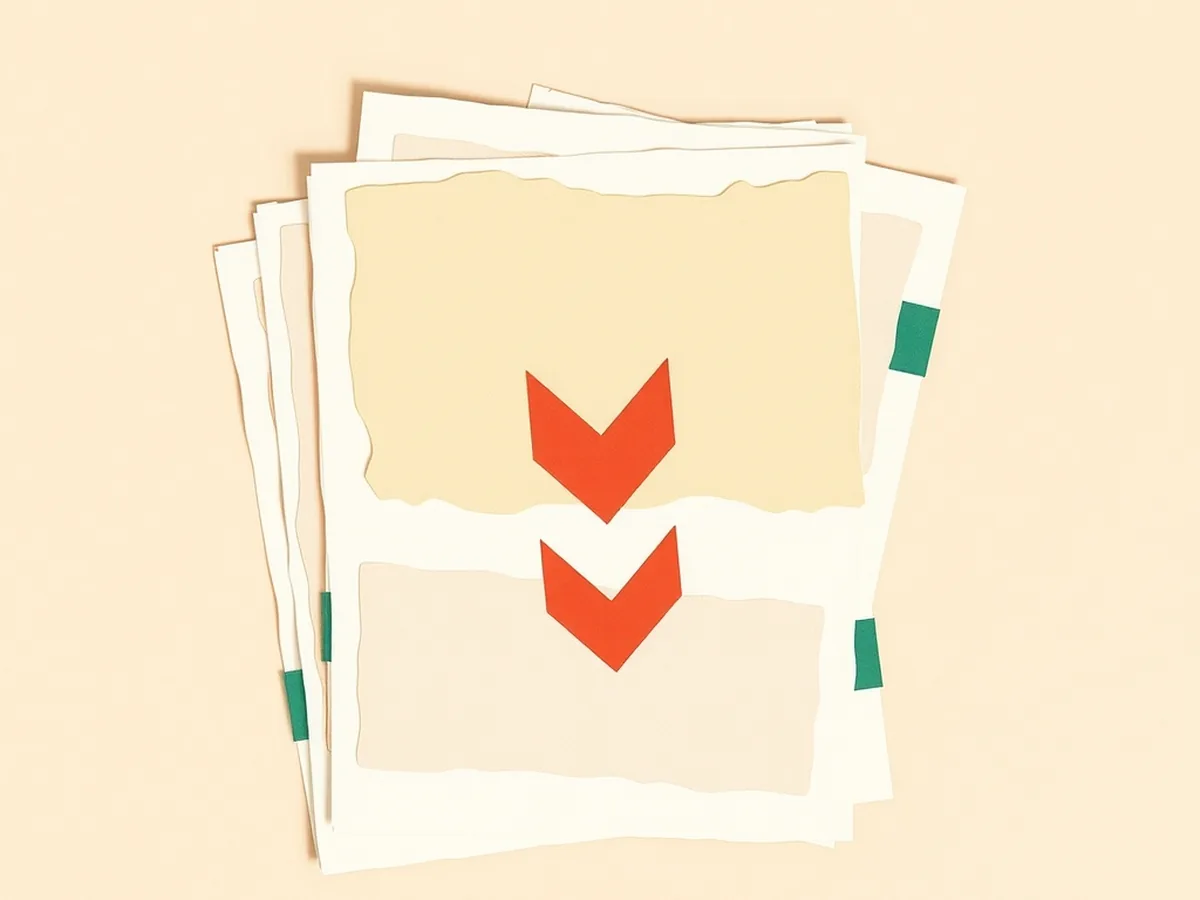 Torn paper photo-frame stack with cut-paper arrows merging into a single output card, showing AI photo pipeline stages