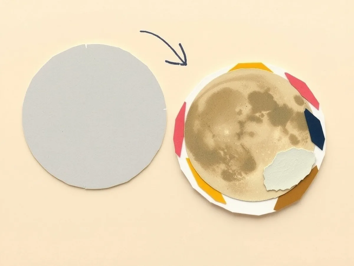 Plain grey paper disc beside a richly cratered moon paper collage, showing AI detail enhancement in phone cameras