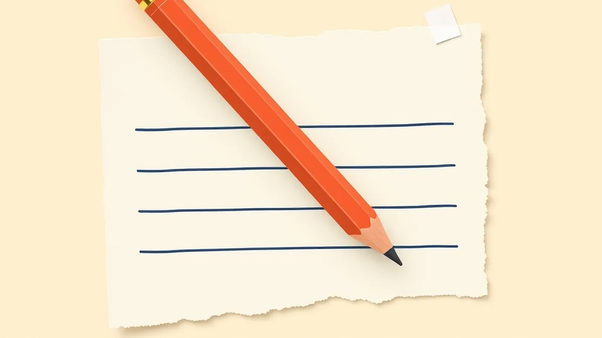 Coral pencil resting across a torn paper rubric card with navy column bands, representing how teachers grade AI-assisted student writing on process and revision