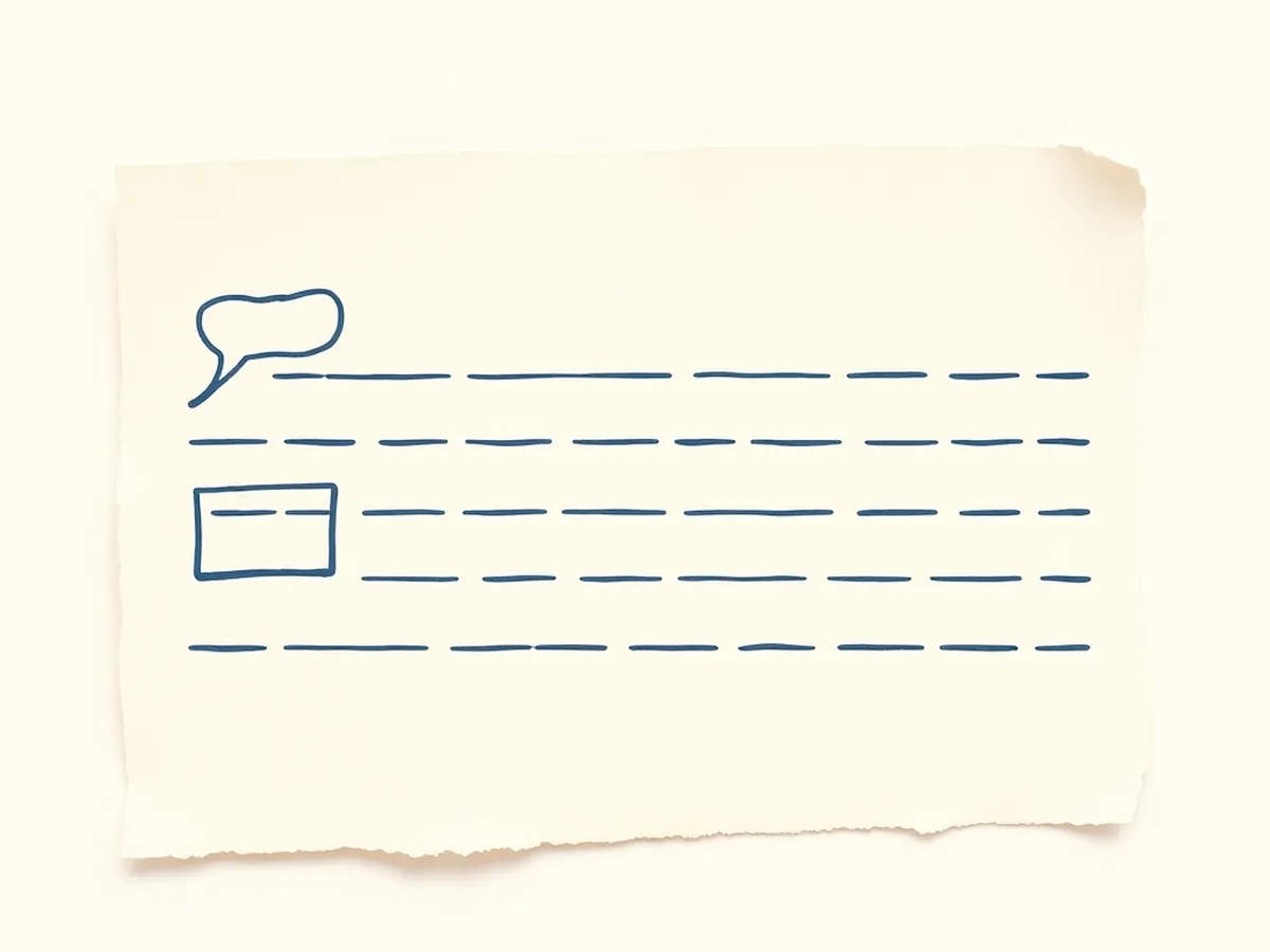 Torn paper rubric card divided into four band-rows each with a simple pictogram shape, illustrating the four criteria of a fair AI writing rubric