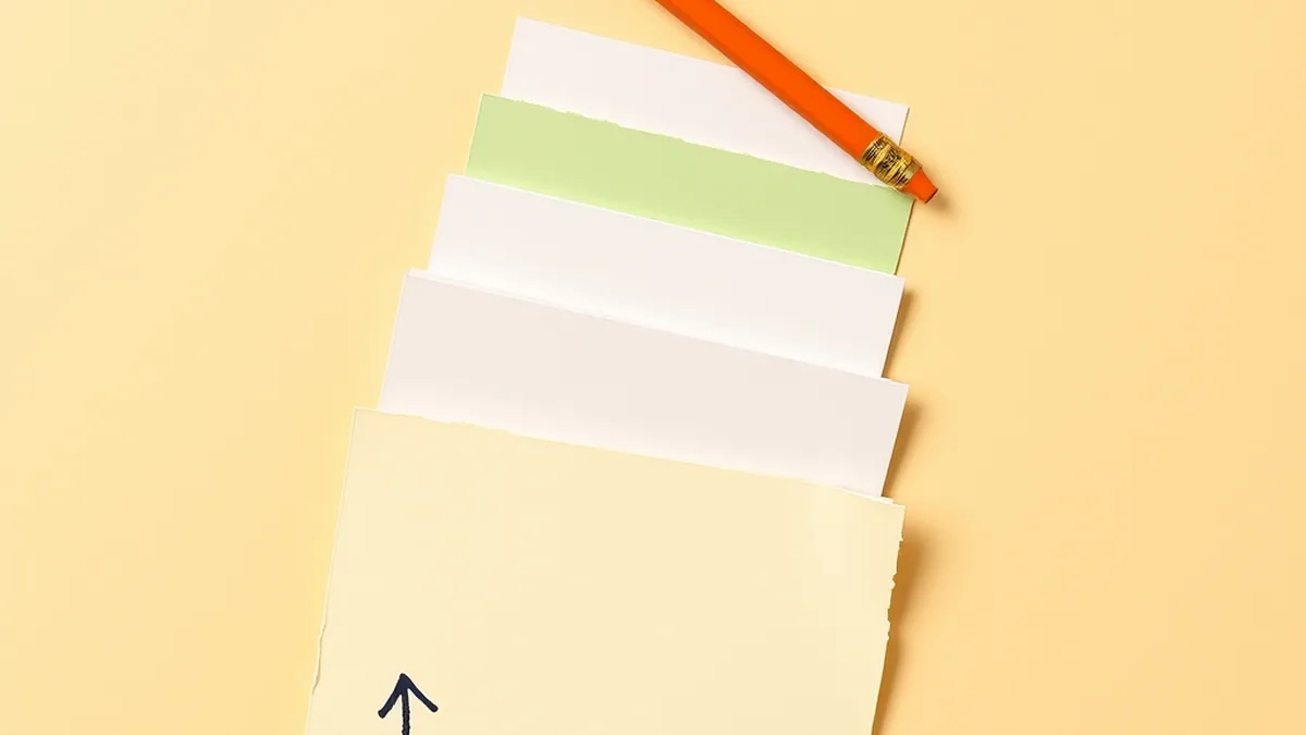 Paper collage showing layered prompt cards in coral, navy, and mustard on cream background representing AI prompting instruction for high school students