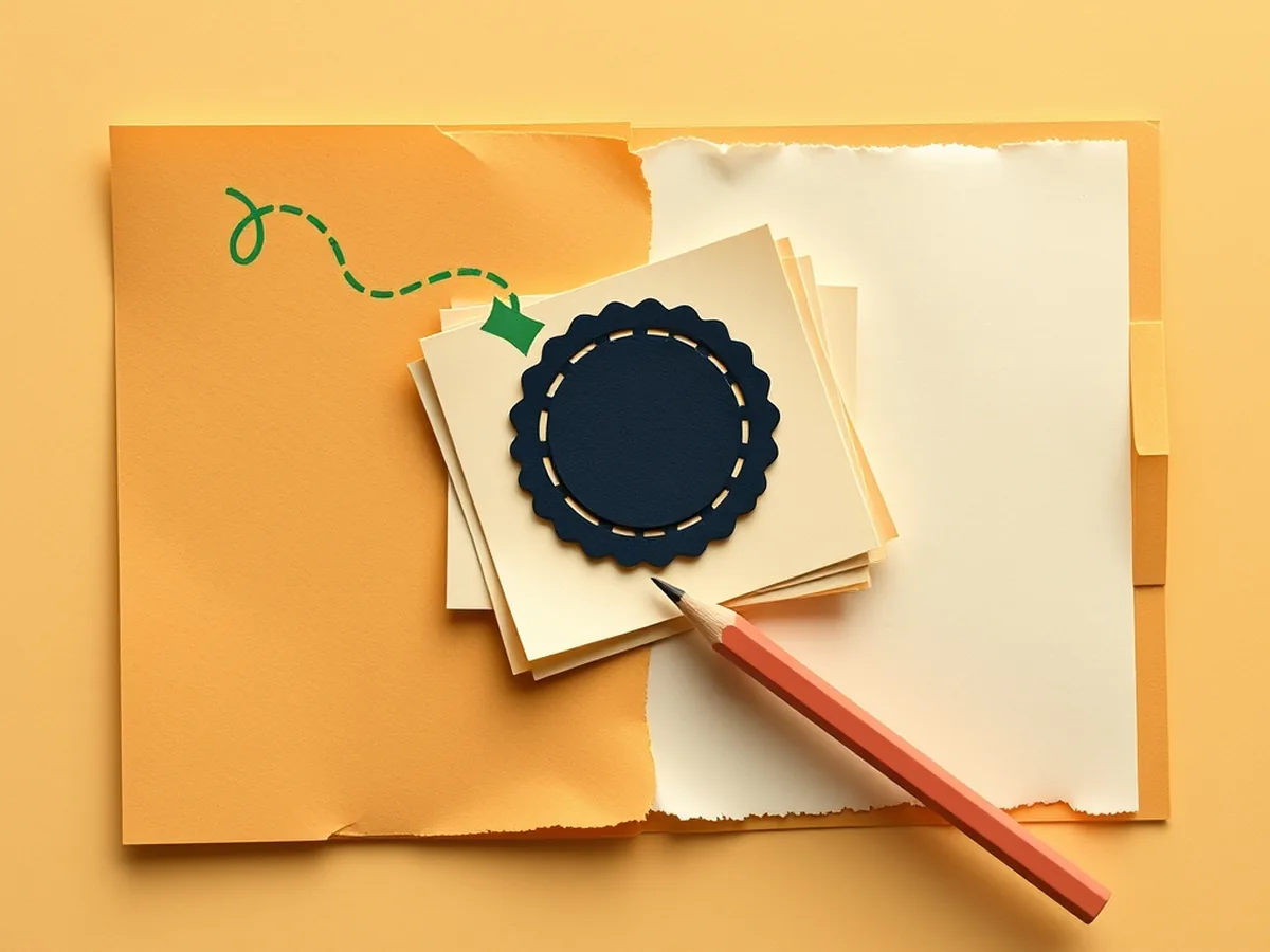 Paper collage open folder with layered document pages, a navy seal shape, and a green ribbon doodle on mustard paper — representing documented student AI work as legitimate academic evidence