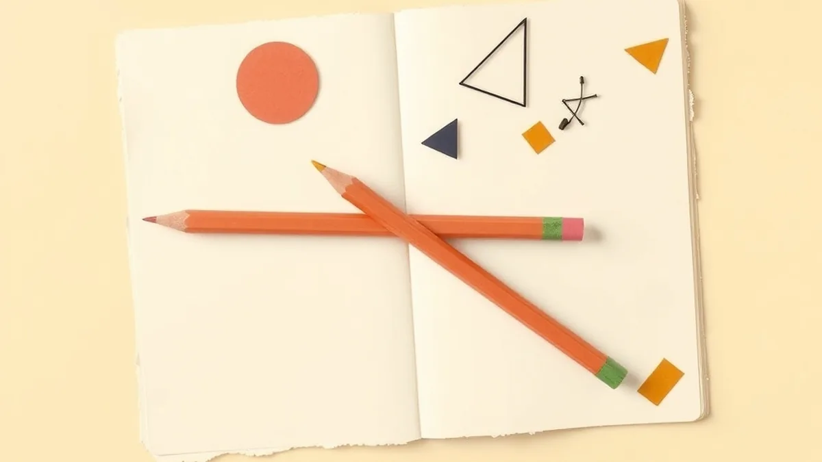 Paper collage notebook with geometric shapes and pencil on cream — deliberate AI prompt planning for middle school