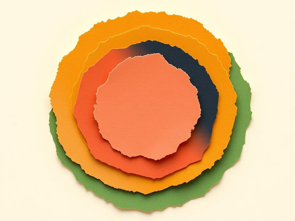 Concentric torn paper rings in coral, mustard, navy and green — representing intentional layering in a design process