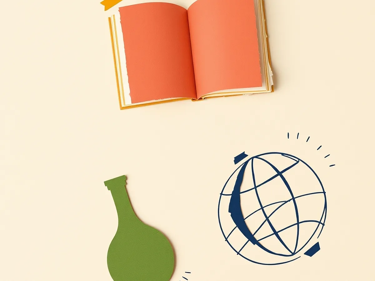 Three torn-paper silhouettes — open book, flask, and globe arc — grouped in a playful triangular arrangement on cream