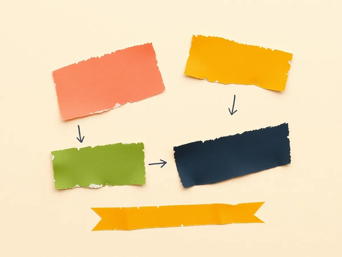Four color-coded torn paper scraps in diagonal flow connected by doodle arrows, representing a step-by-step verification routine