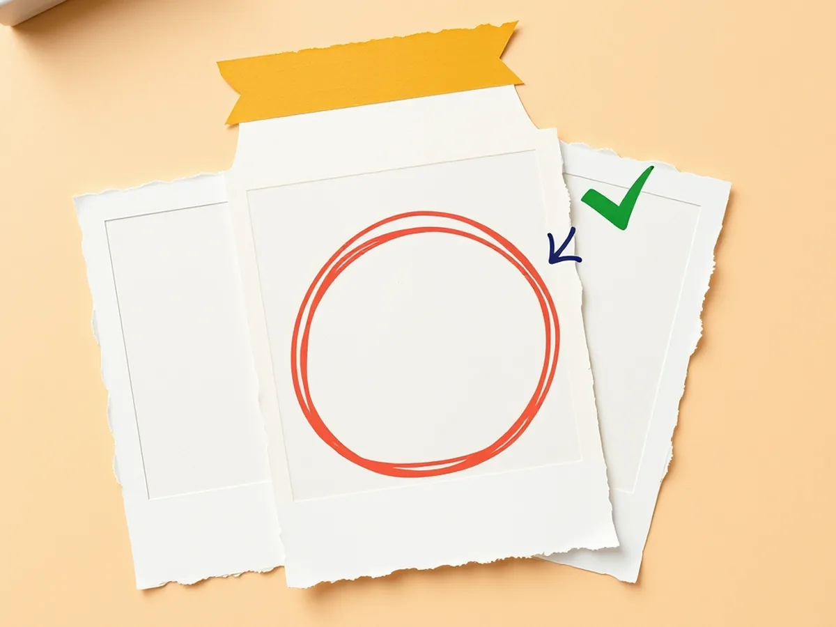 Torn paper photograph shapes spread on a cream desk, one circled in coral doodle annotation, representing classroom deepfake examination