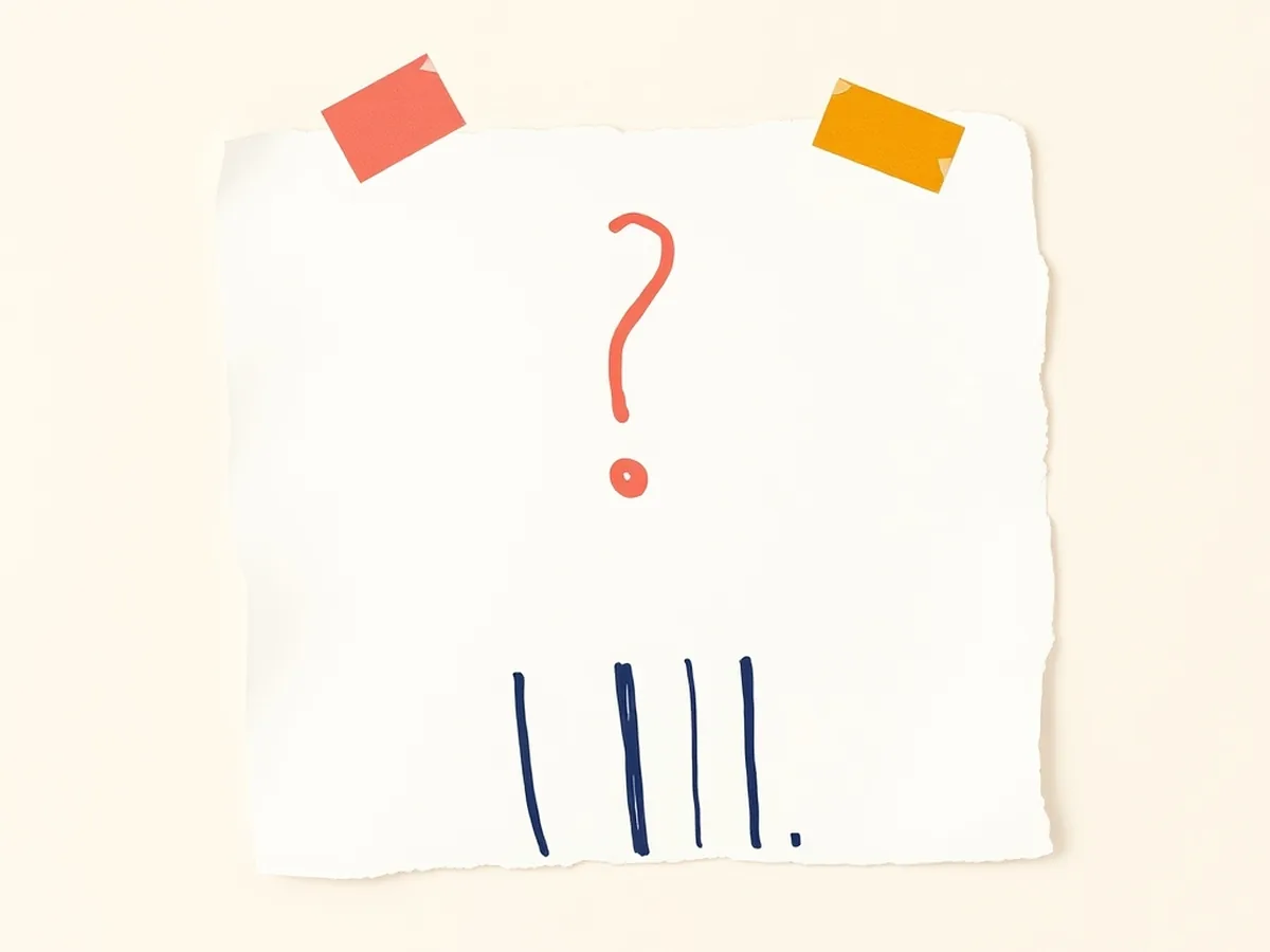 Torn paper scrap with a coral question-mark doodle over abstract navy bars, representing a suspicious AI-invented statistic