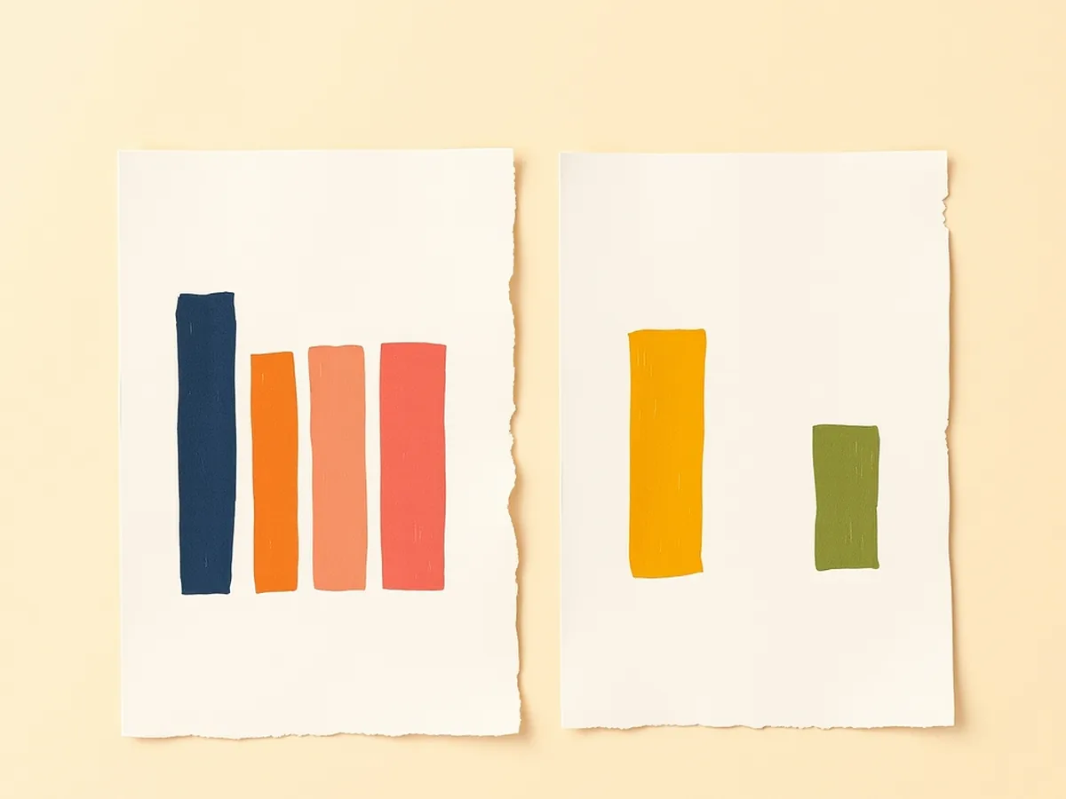 Two paper cards with abstract bars — one proportional, one truncated — showing how misleading statistics distort the same data differently
