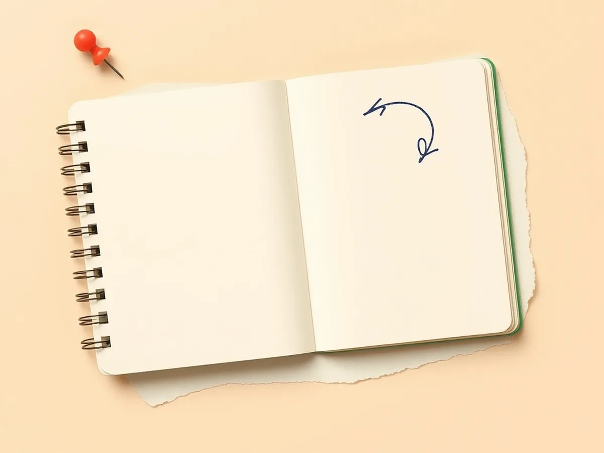Spiral notebook on cream paper with an incomplete navy arrow doodle, representing unguided AI research