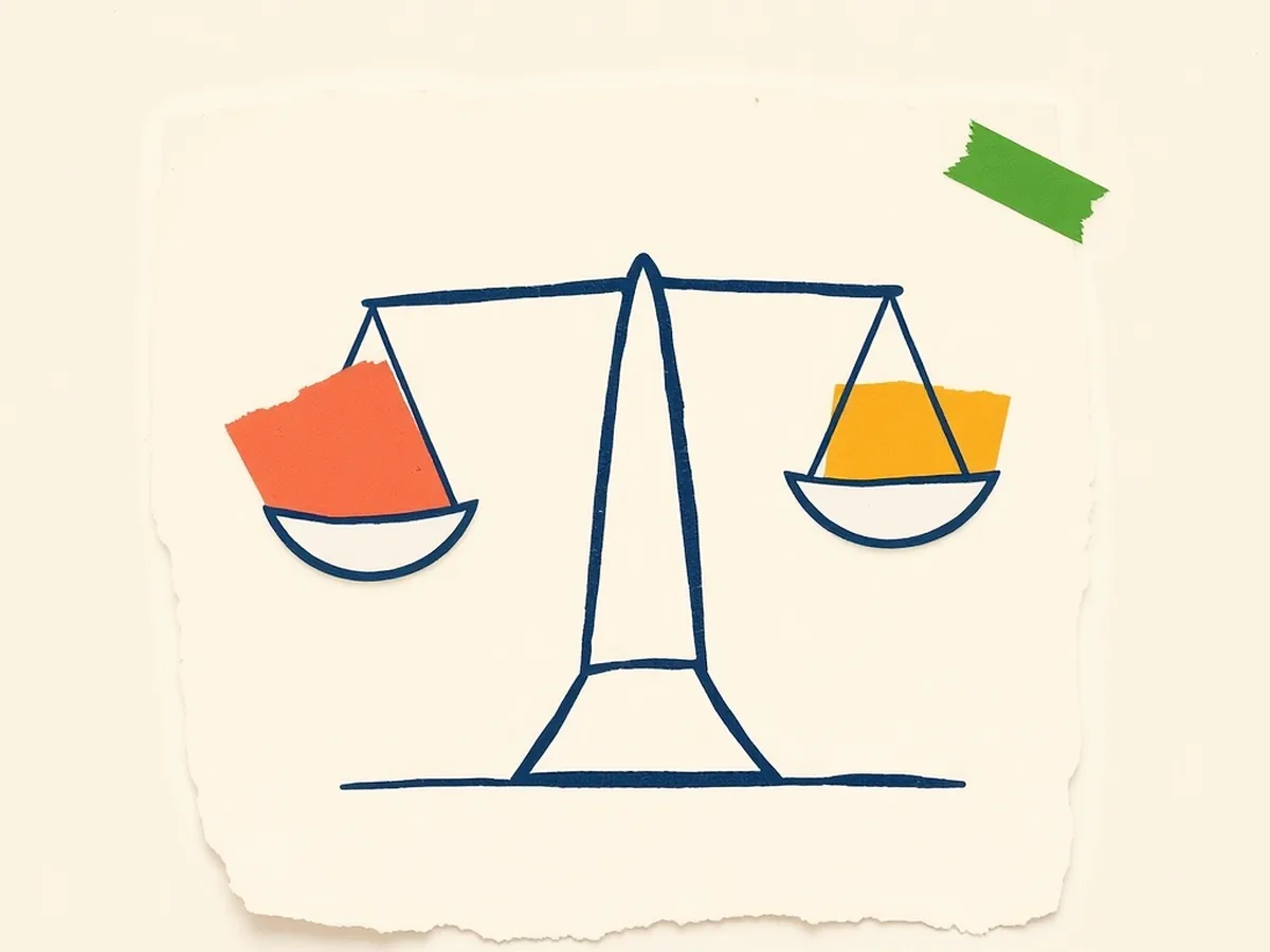 Balance scale in navy with coral and mustard paper scraps, representing the AI source verification step