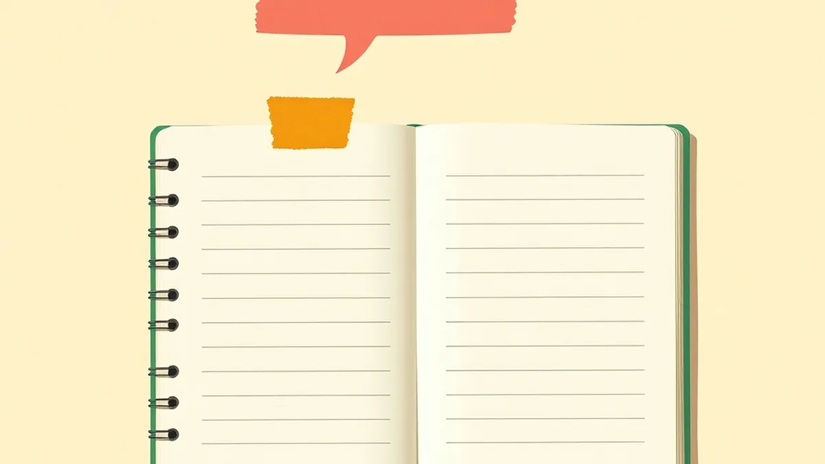 Open spiral notebook with a coral speech-bubble arc above it, showing how to use AI to study middle school as a quiz-me companion