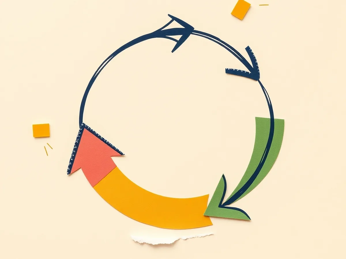 Three-segment circular arrow loop in coral, mustard, and green, representing the three AI study moves for middle school students