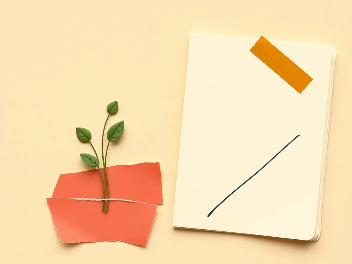 Sprouting green plant beside an open notebook on cream paper, illustrating what legitimate AI studying looks like for middle school learners