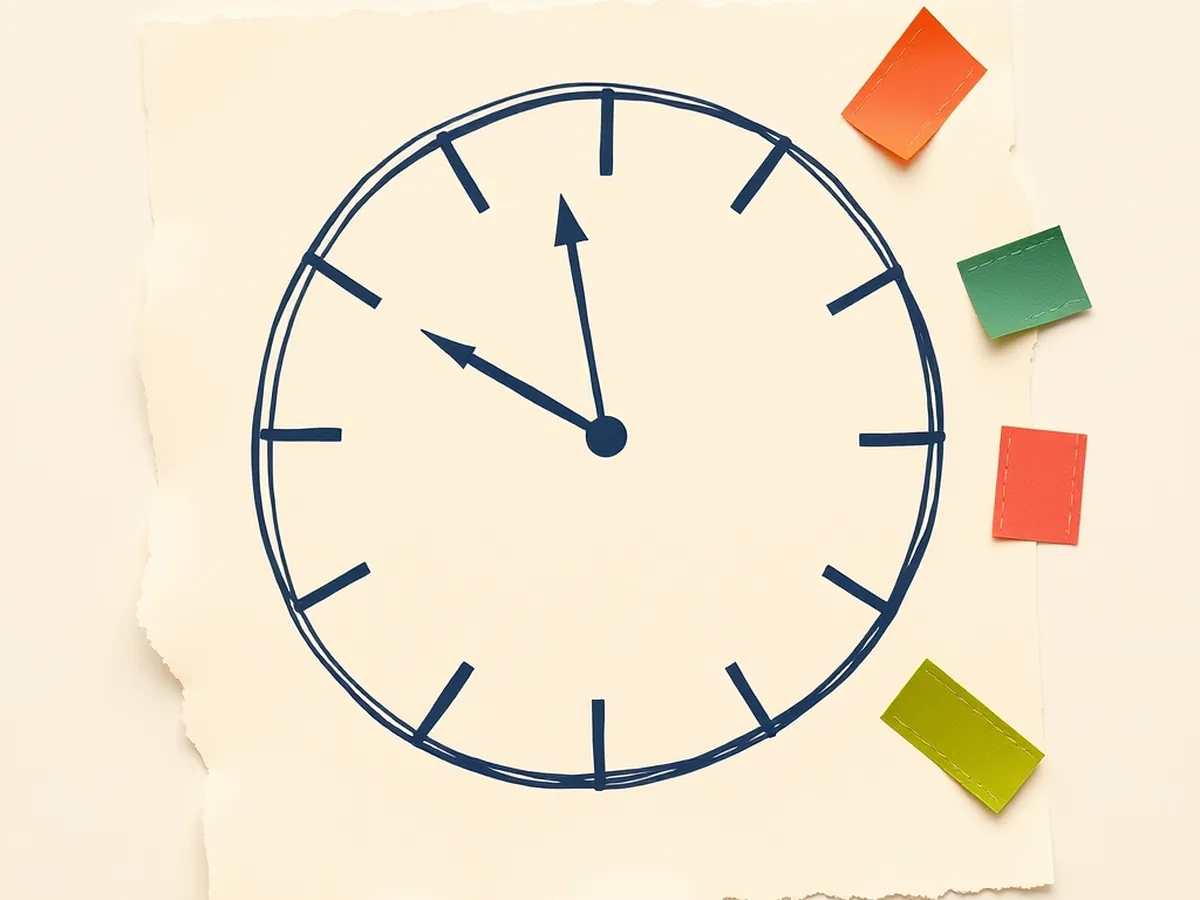 Hand-drawn clock circle with three color-coded paper tabs and clockwise arrow doodles, suggesting a timed 45-minute classroom lesson flow
