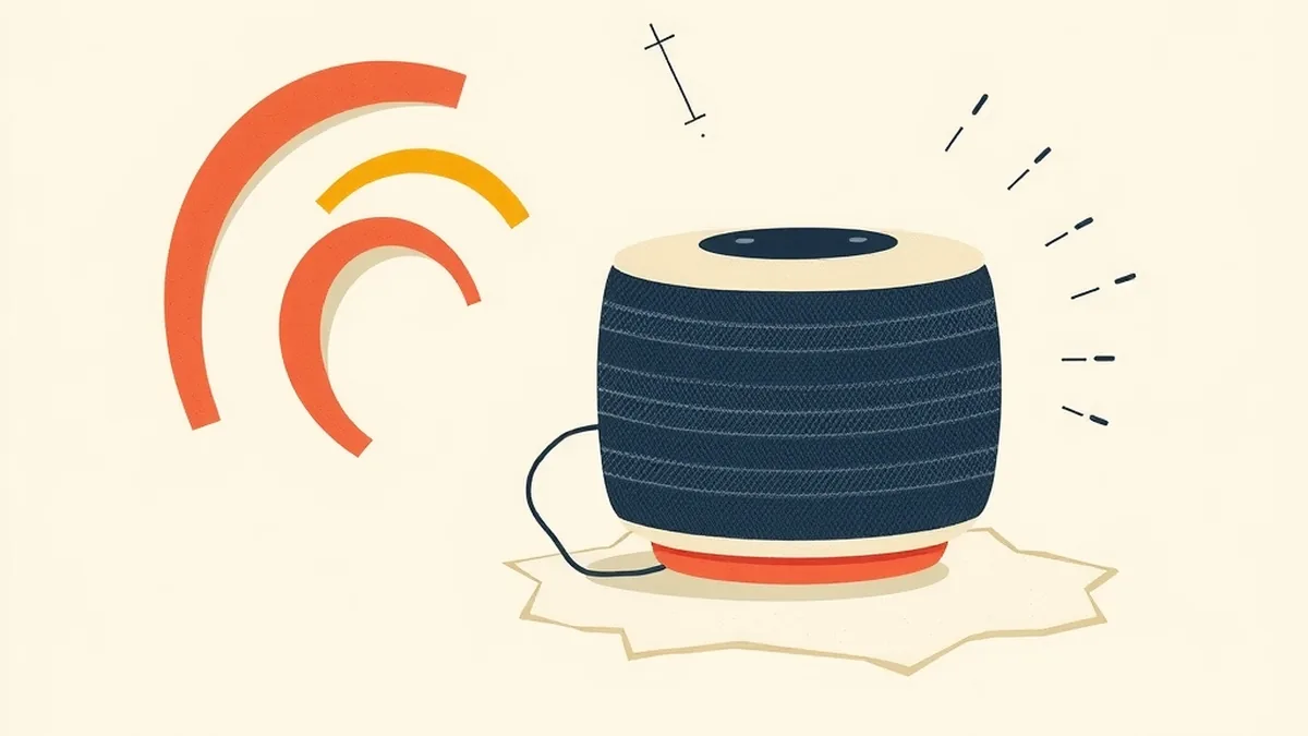 Paper collage illustration of sound-wave arcs flowing toward a cut-paper smart speaker, representing how voice assistants work in a middle school lesson
