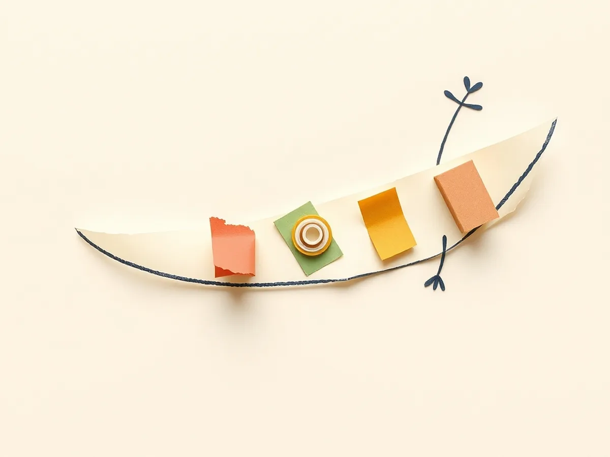 Long curved arrow doodle with five abstract paper shapes along its path, showing the voice assistant speech-processing pipeline from sound to response