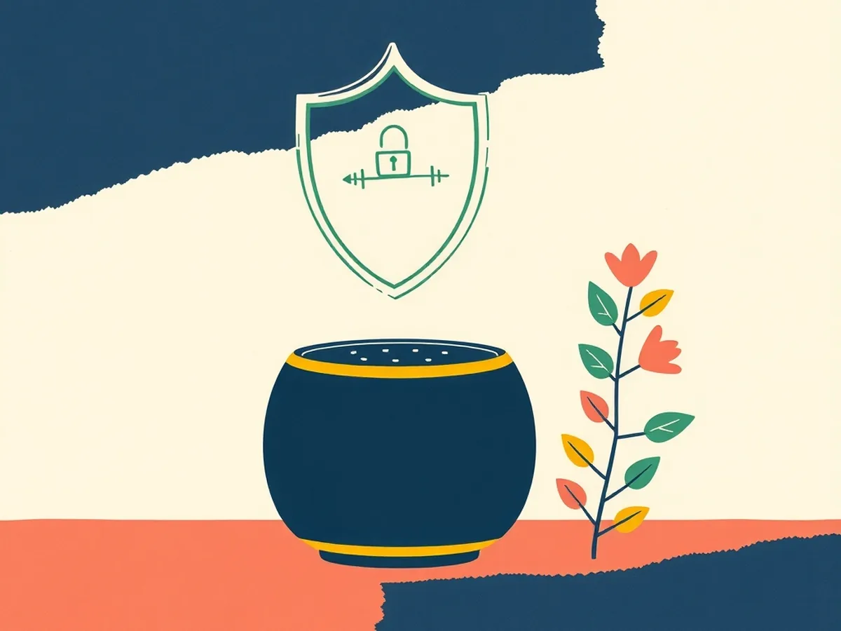 Cut-paper smart speaker with a green shield and padlock doodle, with small data-dot shapes drifting away, illustrating voice assistant privacy and always-listening concerns
