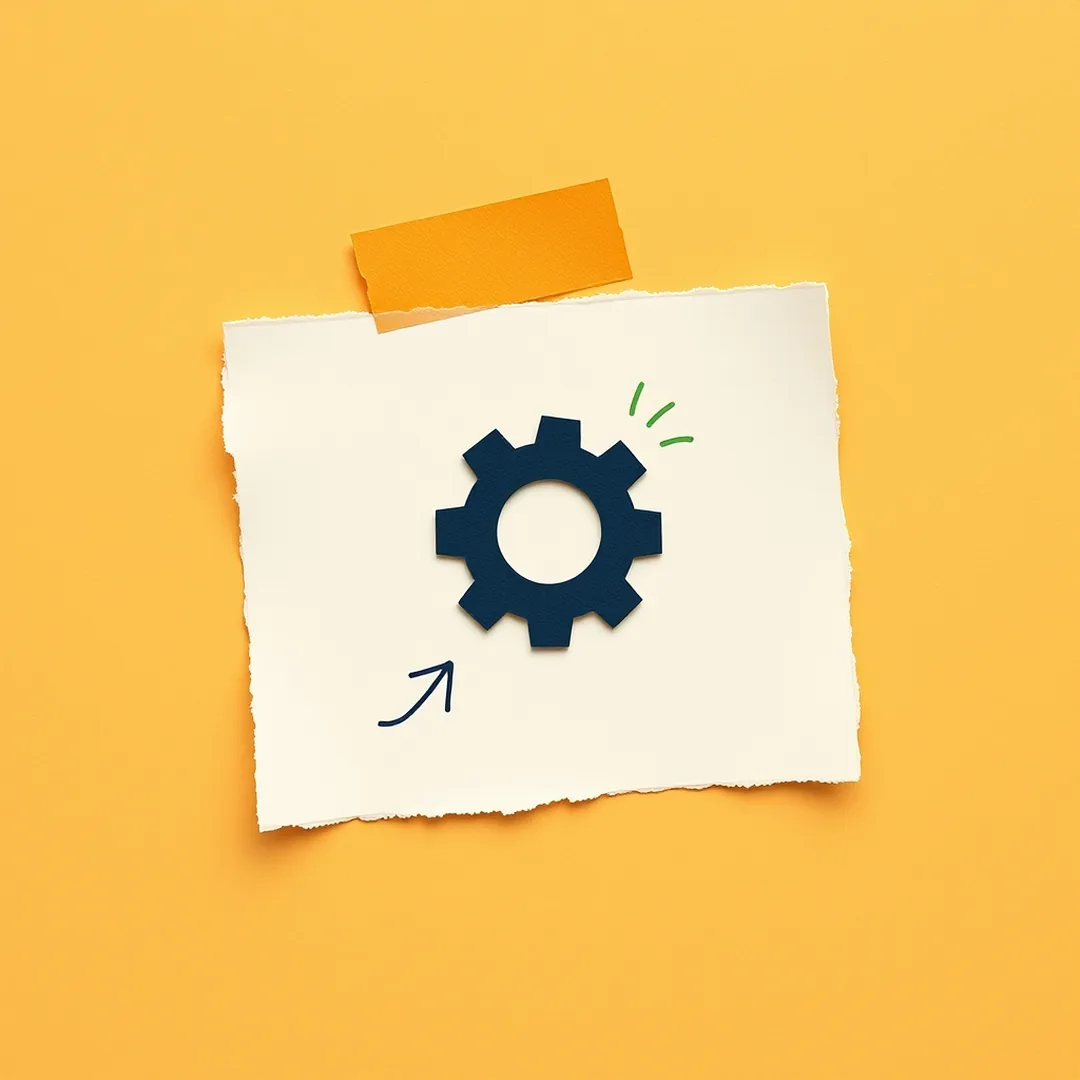 Mustard torn paper card featuring a paper-cut gear icon with a coral arrow doodle, representing ISTE 1.4.a deliberate design process for AI literacy activities