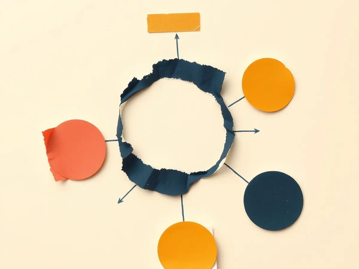 Paper mind map with a central navy circle and four outer circles in coral, mustard, green, and off-white connected by dashed lines, representing the four ISTE AI literacy strands for grades 6-8