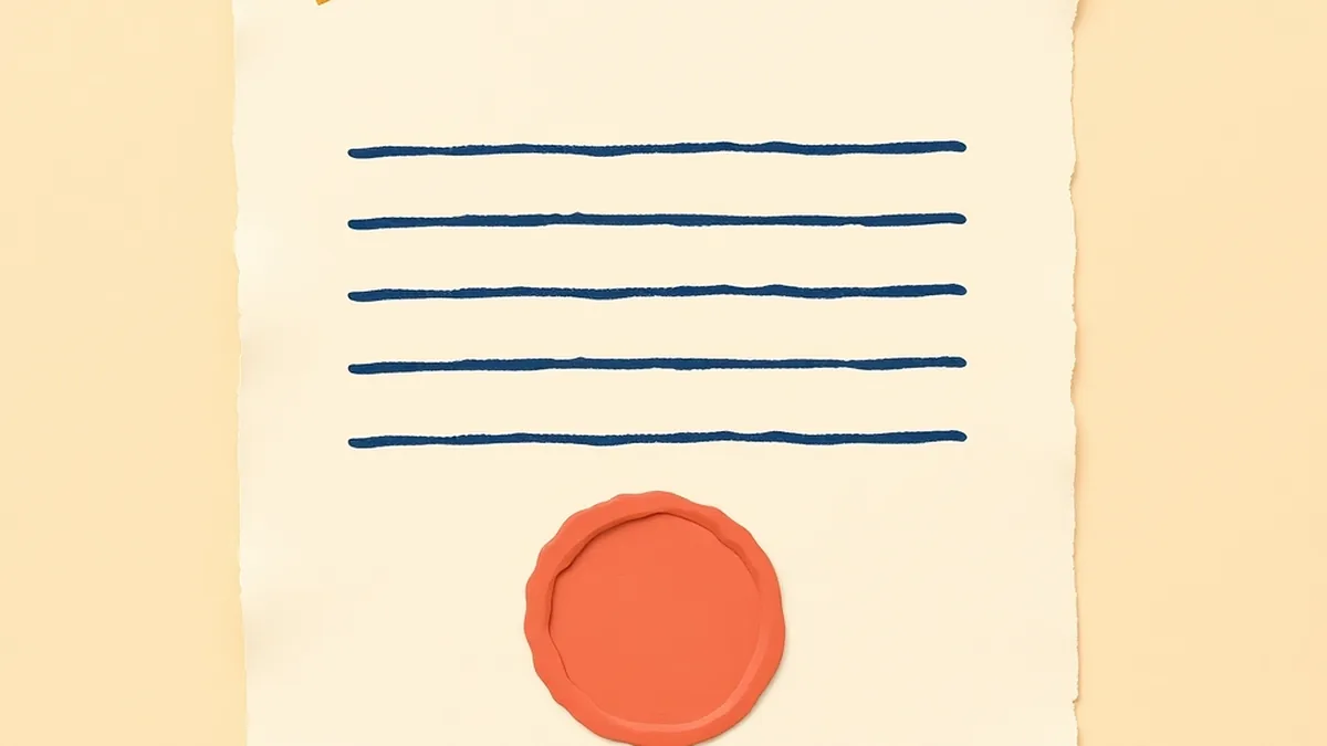Torn cream paper document sheet with navy dash-rows and a coral seal dot, evoking a responsible AI use lesson plan for middle school