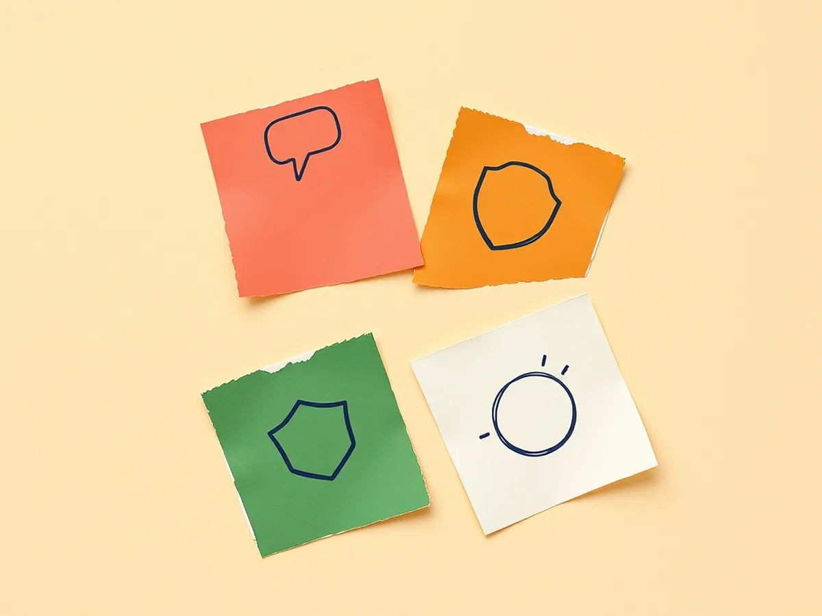 Four small torn-paper scraps each bearing an abstract doodle — speech bubble, magnifier, shield, question arc — representing the four pillars of the responsible AI framework
