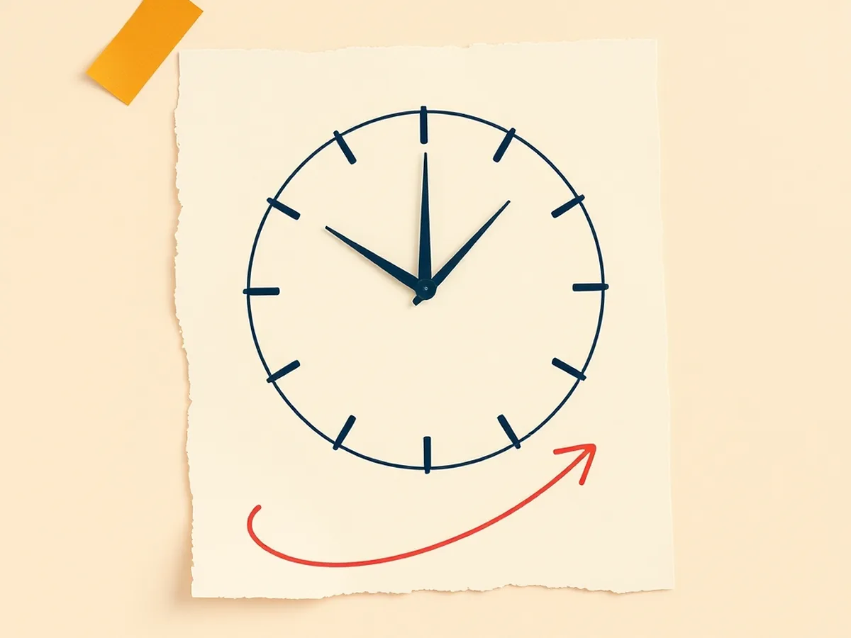 Navy clock-face circle outline on a torn cream card with a coral curved-arrow doodle beneath it, illustrating the 45-minute responsible AI lesson plan structure