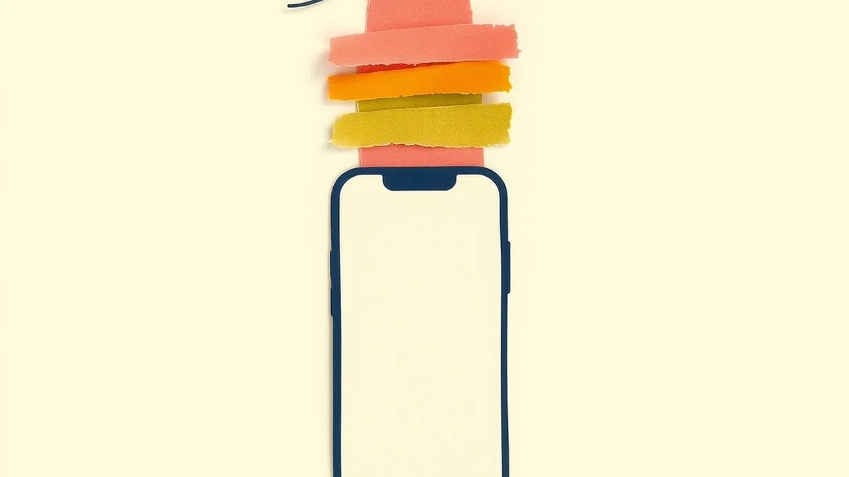 Paper collage of an abstract phone silhouette with a looping scroll of torn-paper strips rising upward, representing the social media algorithm feed cycle