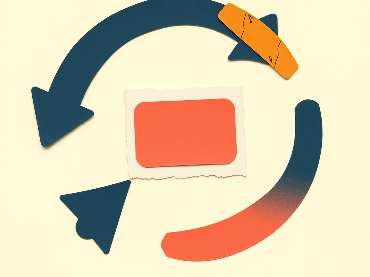 Four curved arrows looping around a coral paper rectangle, showing the social media algorithm cycle