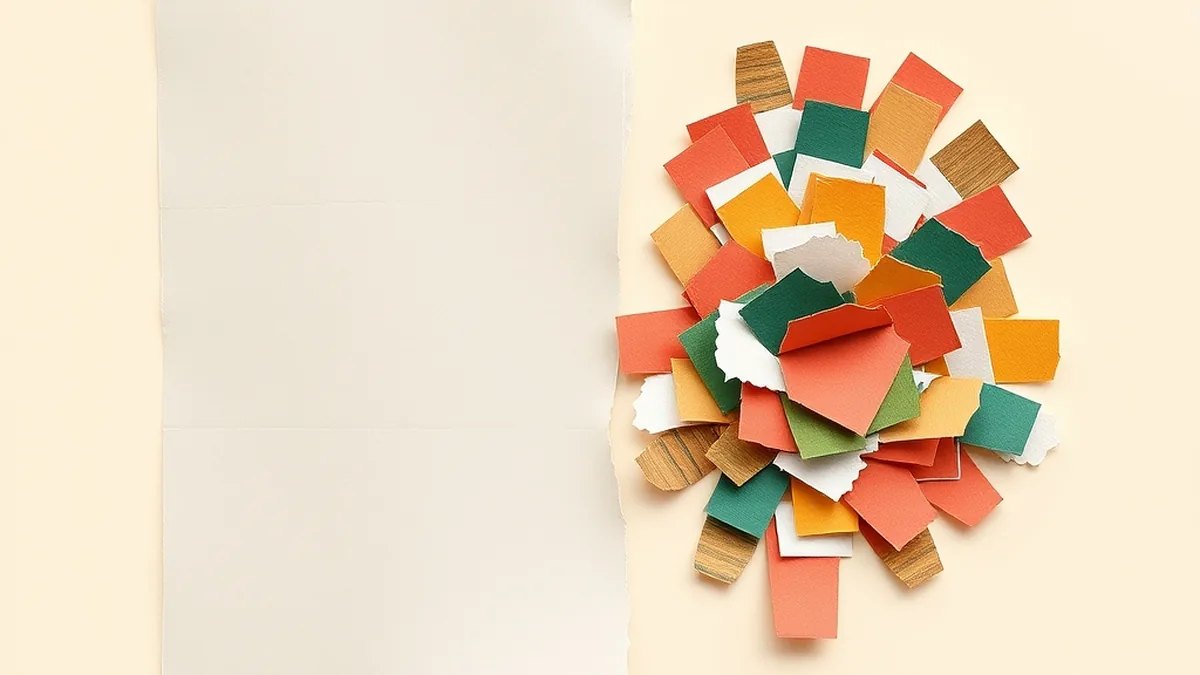 Flat paper shape transforming into vibrant torn-paper collage, representing how students revise AI writing voice into something distinctly their own