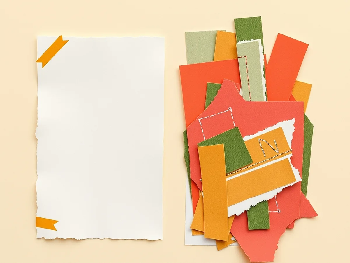 Split diptych collage: flat muted card on the left, vibrant layered torn-paper collage on the right, showing before-and-after of AI writing voice revision