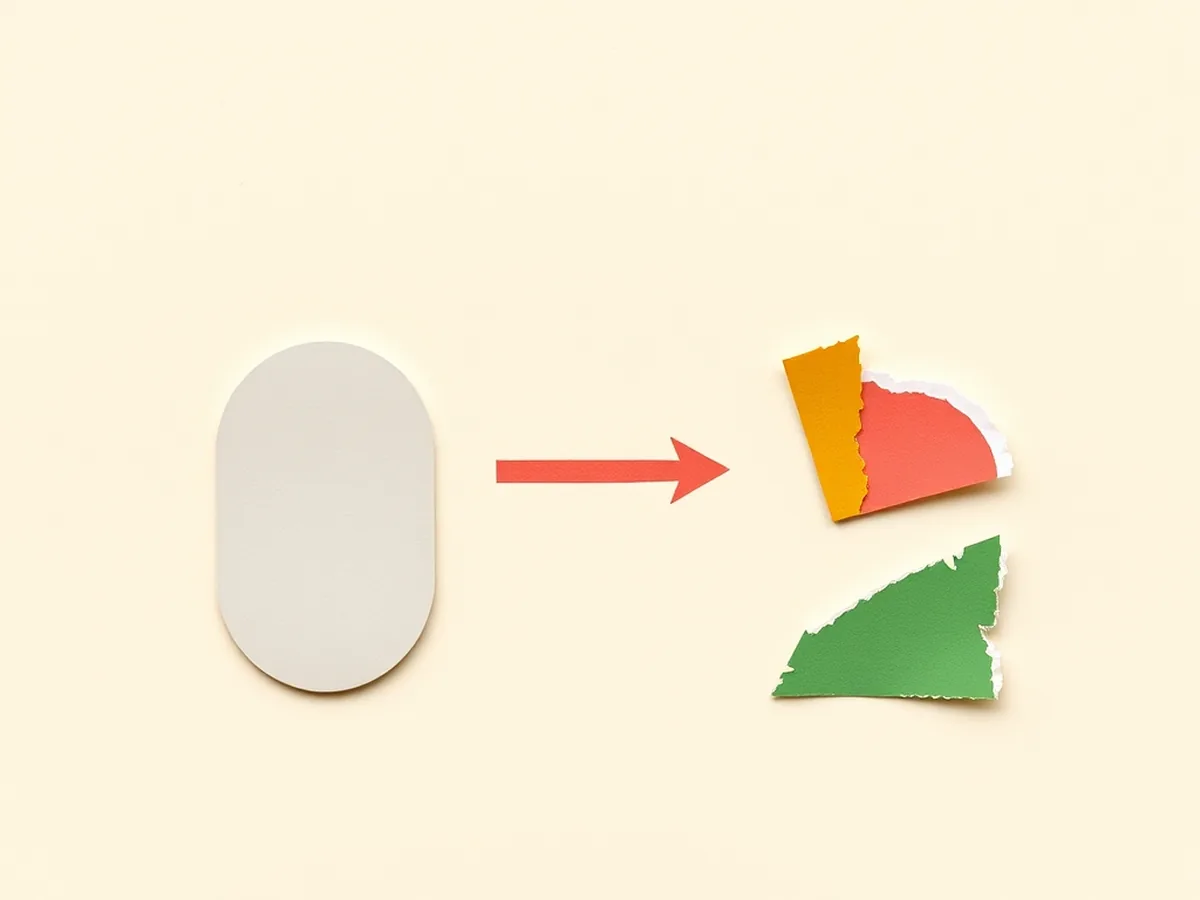 Three plain ovals connected by coral arrows to richer torn-paper shapes, representing voice-revision checklist moves from AI default to student voice