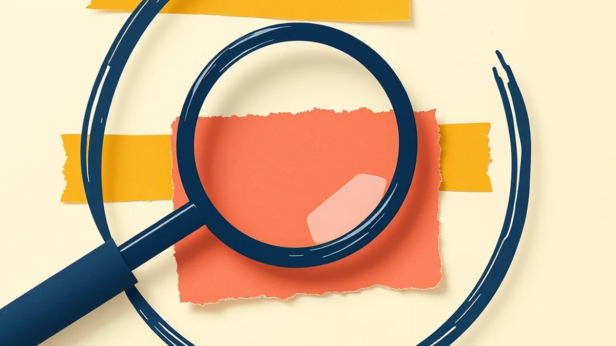 Navy-ink magnifying glass examining a torn coral paper scrap on cream — AI bias detection in a grade 8 station activity
