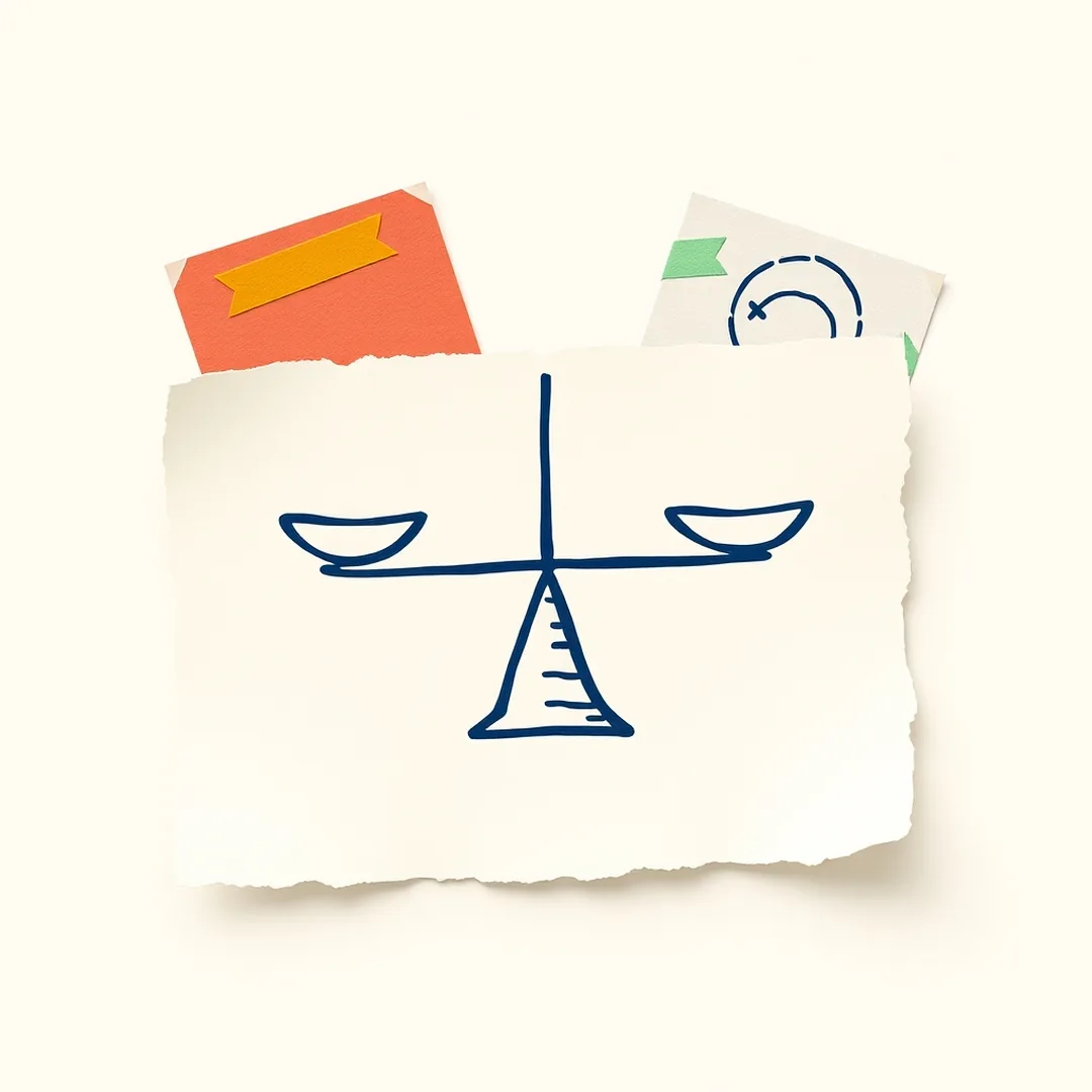 Illustrated balance scale on a torn paper card with coral and green scraps bearing abstract symbols, representing the five AI bias types students spot