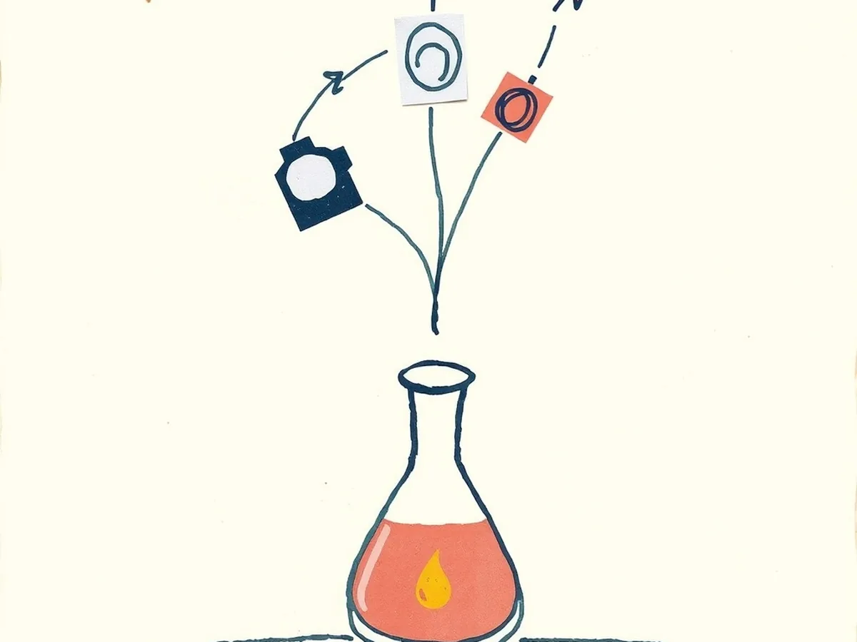 Paper-collage beaker on a heat source with three linked claim-evidence-reasoning shape tokens, illustrating an AI CER coaching workflow for science class