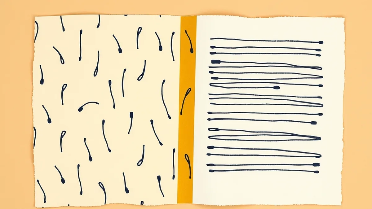 Two torn paper pages side by side — organic ink squiggles versus uniform machine lines — showing AI poetry against a student's handwritten draft