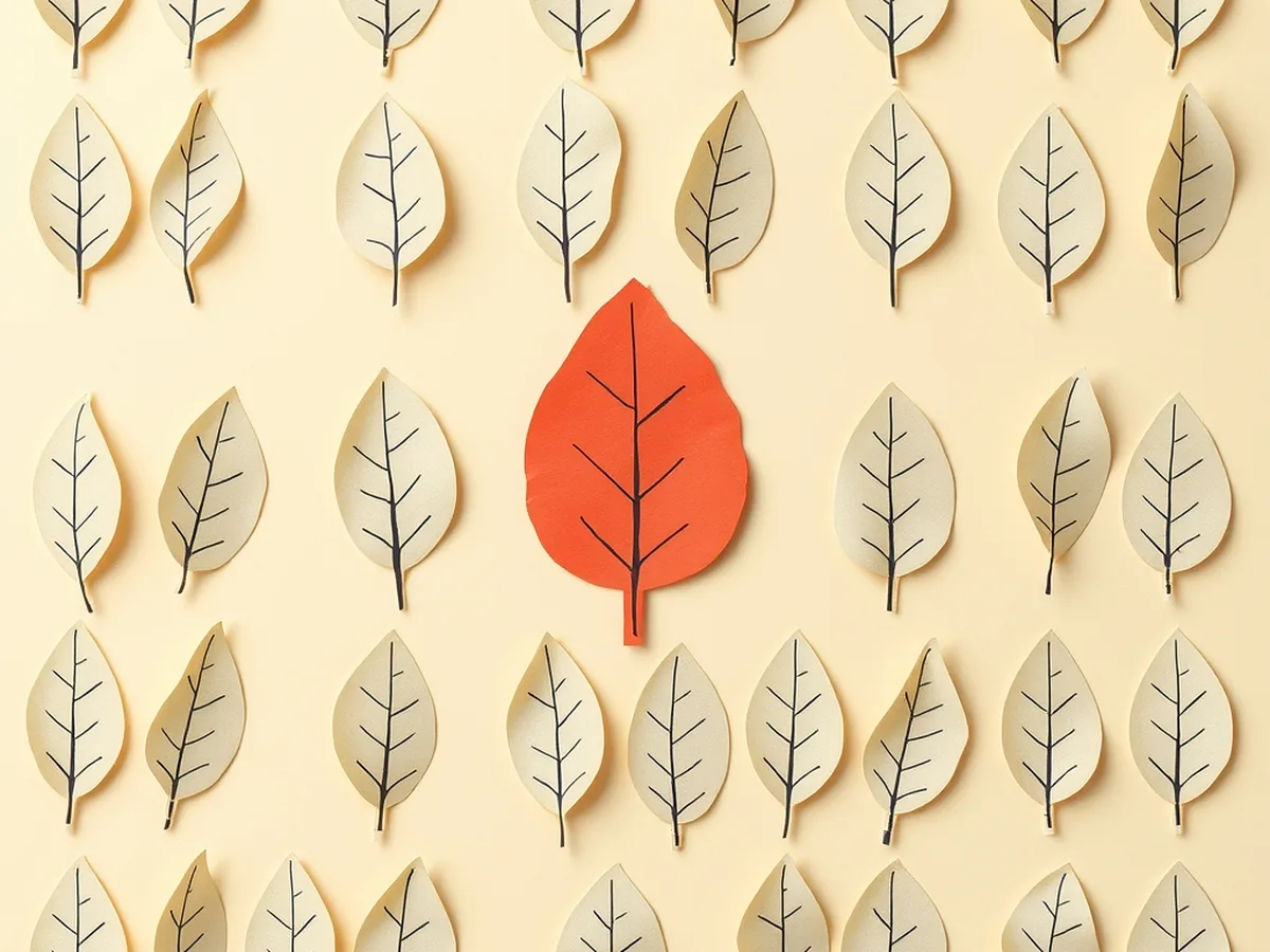 Grid of identical cream paper leaf cut-outs with one coral leaf standing apart, showing how AI-generated poetry defaults to sameness
