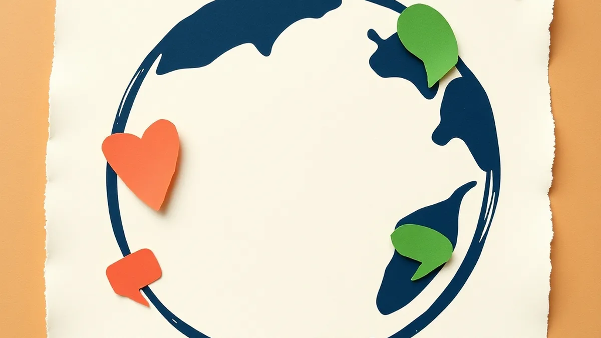 Globe arc with coral, mustard, and green speech-bubble shapes, representing AI in the world language classroom and ACTFL-aligned multilingual learning