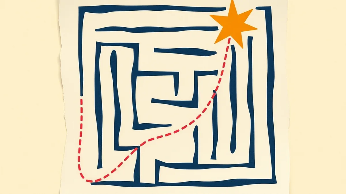 Paper collage maze with a coral dotted route winding to a goal tile, representing a video game AI lesson plan for middle school grades 6-8