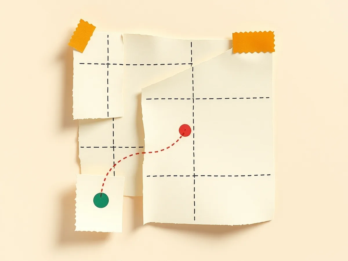 Cut-paper tile grid with a coral dotted shortest path bending around obstacles, illustrating how game AI pathfinding works