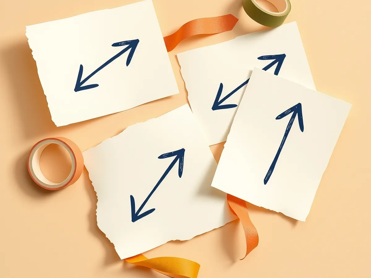 Four cream paper cards each showing a directional arrow doodle, representing the unplugged finite-state-machine role-play in the 45-minute game AI lesson
