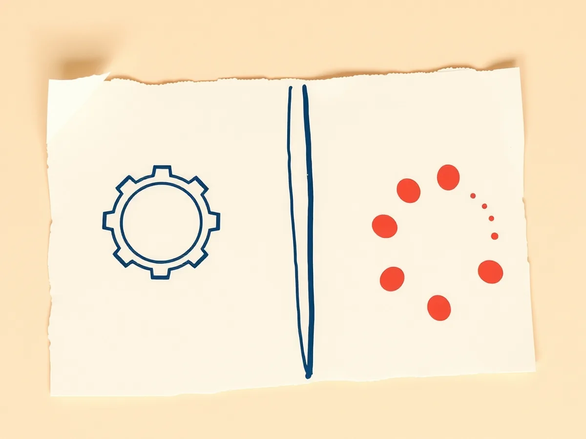 Split paper card showing interlocking gears on one side and a dot arc on the other, contrasting rule-based game AI with machine learning