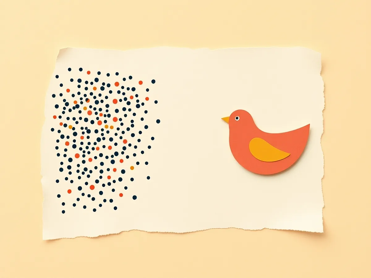 Scattered dots resolving left-to-right into a clean paper-cut bird, illustrating how AI image generation works