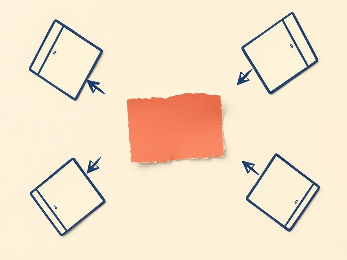 Four corner desk shapes with navy arrows converging on a coral scrap, representing a classroom debate on AI-generated art