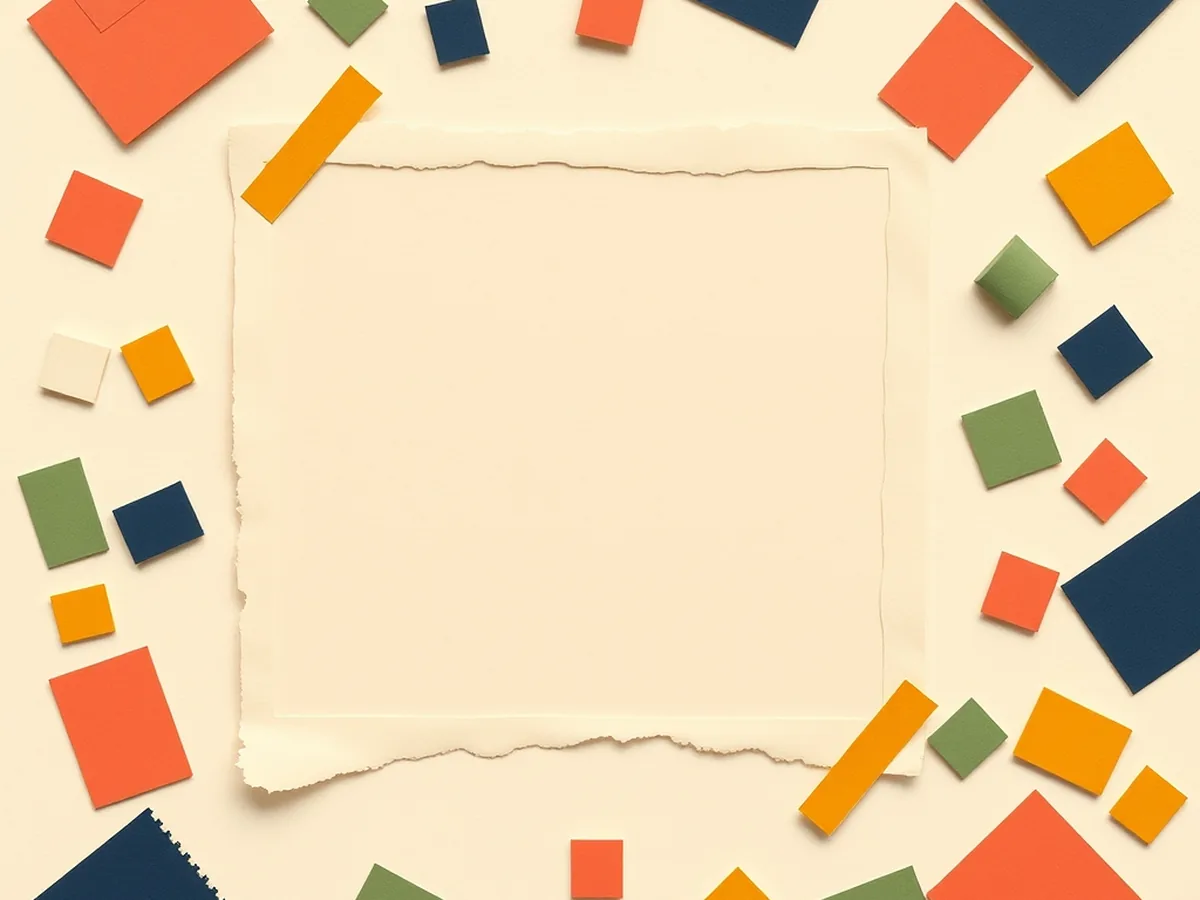 Torn paper tiles in brand colors flowing into a central frame outline, representing training data behind AI-generated art