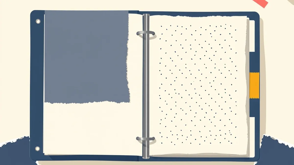 Open planning binder with dot-grid spread and color-coded paper scraps, illustrating a year-long AI literacy curriculum middle school