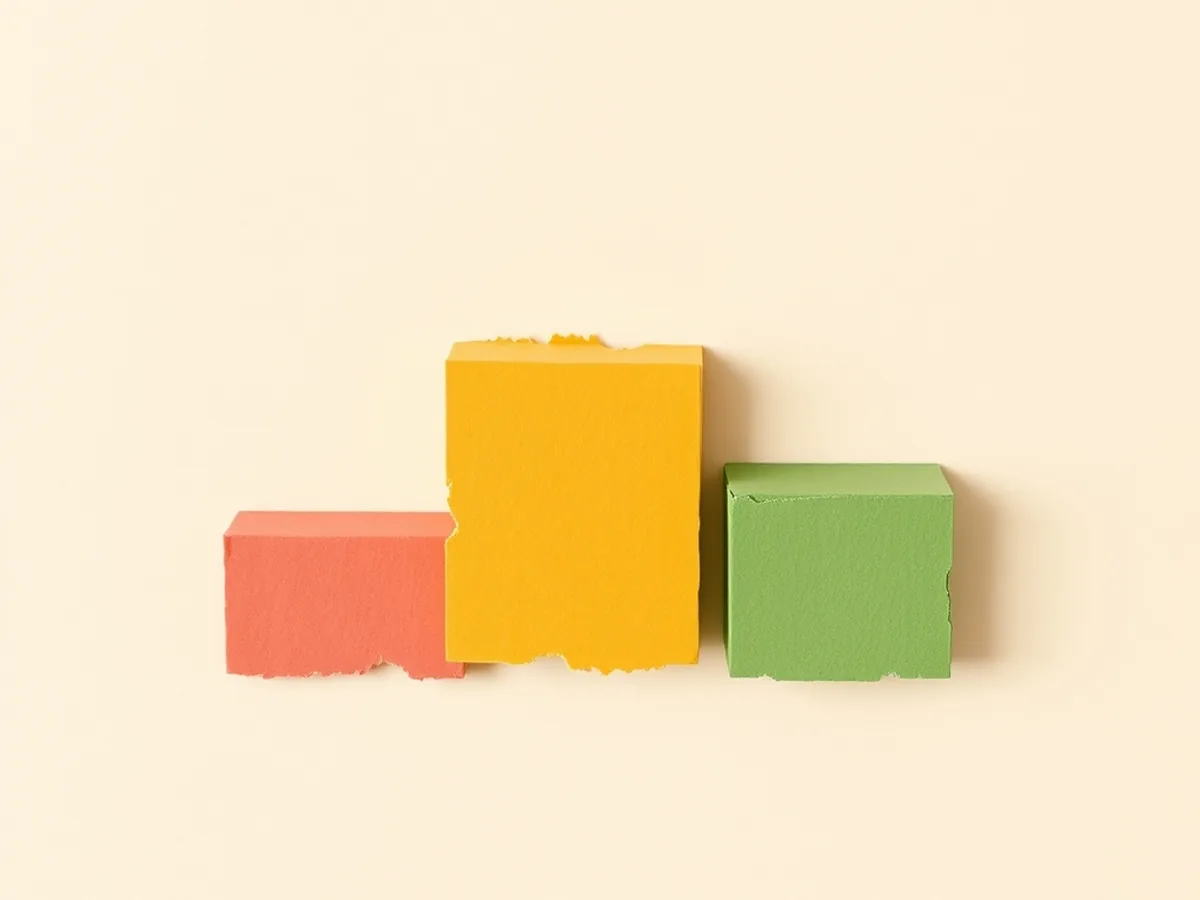 Three ascending paper block steps in coral, mustard, and green with abstract shape markers on top, representing grade 6 to 8 AI literacy progression